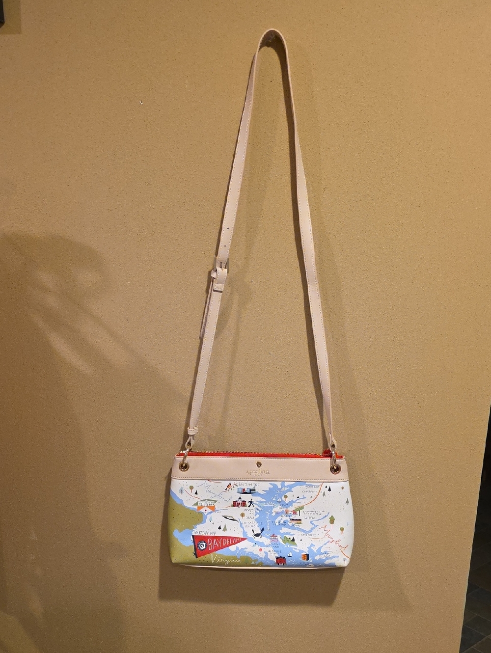 Spartina 449 White Crossbody with Red Trim and Multicolor Map Print